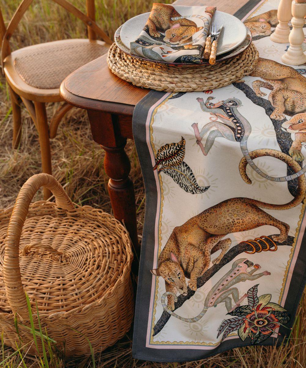 Monkey Tales Cotton Table Runner - Stone