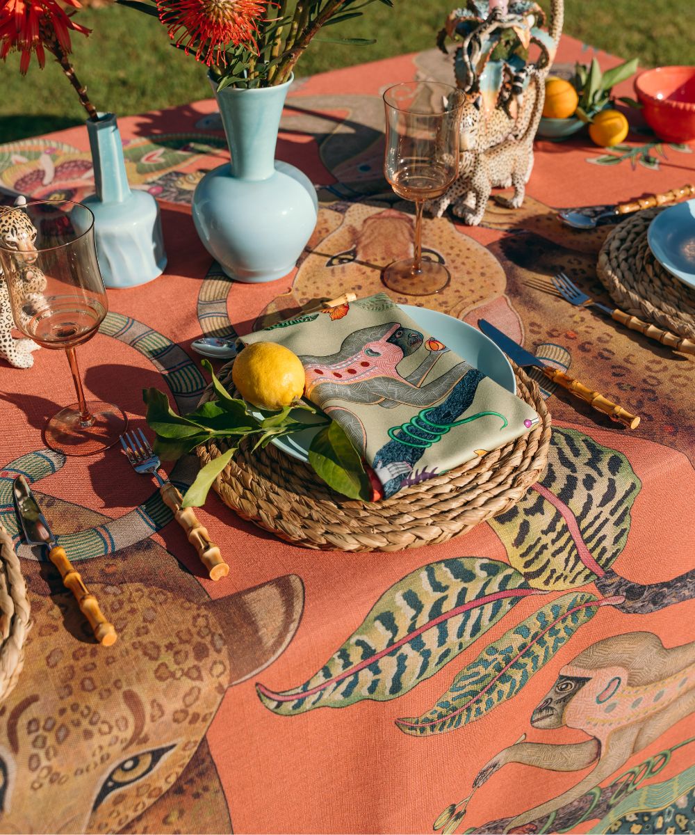 Monkey Tales Linaza Tablecloth - Coral