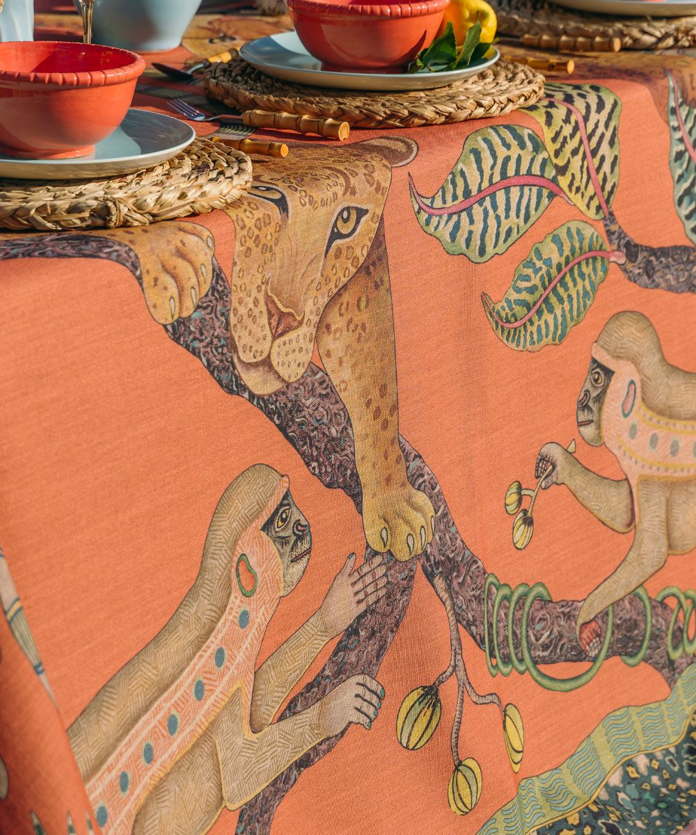 Monkey Tales Linaza Tablecloth - Coral