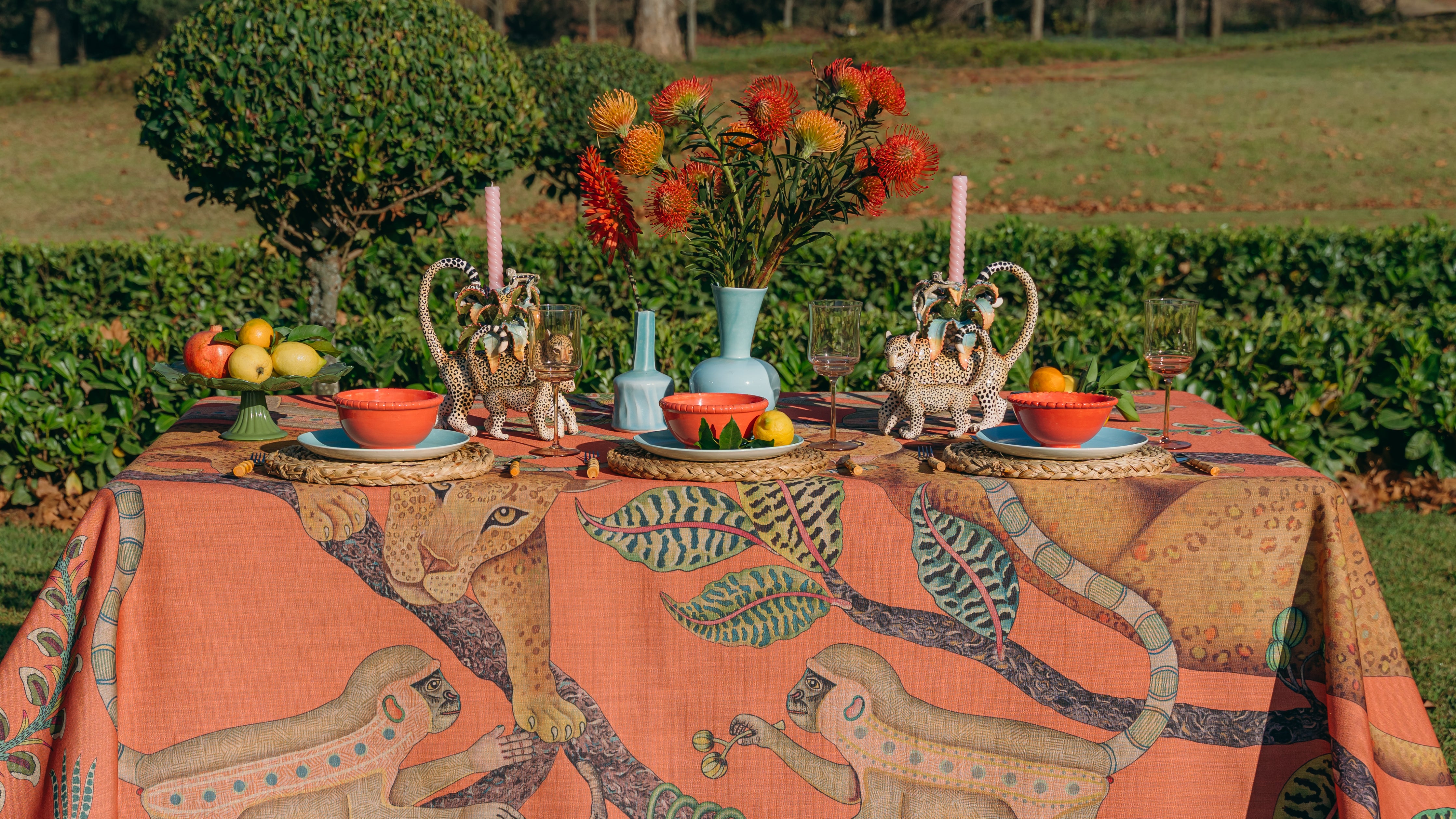 Monkey Tales Linaza Tablecloth - Coral