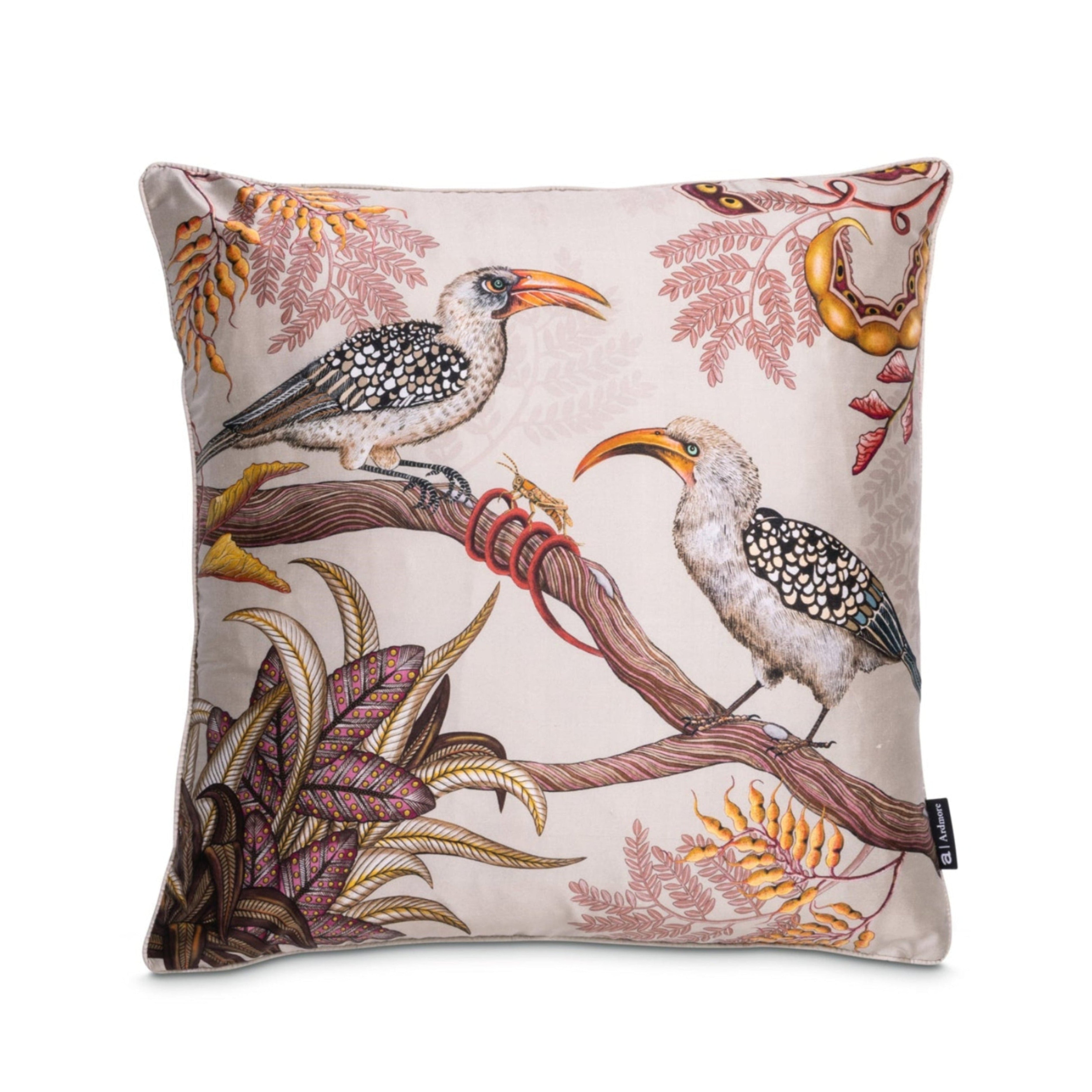 Hornbill Garden Silk Pillow - Stone