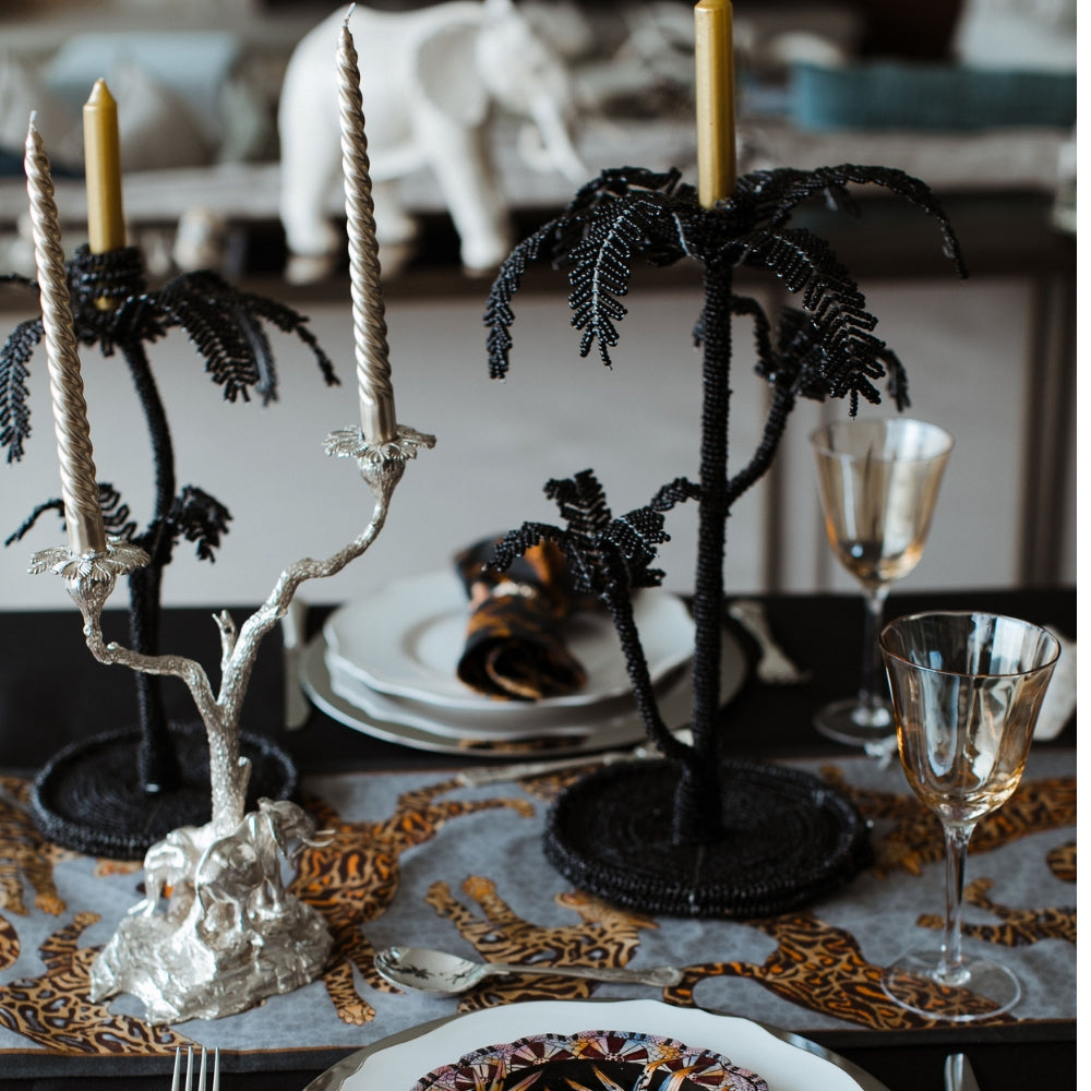 Desert Palm Tree Beaded Candlestick - Black