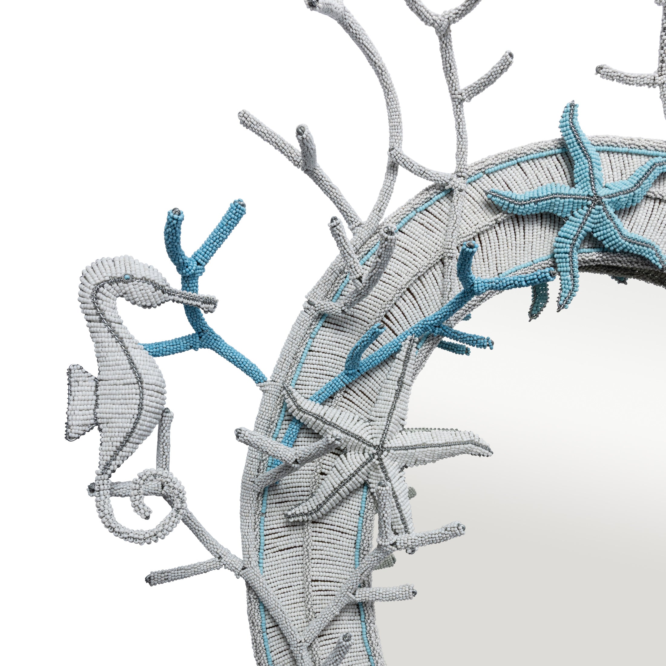 Sea Me Beaded Mirror - White / Sky Blue