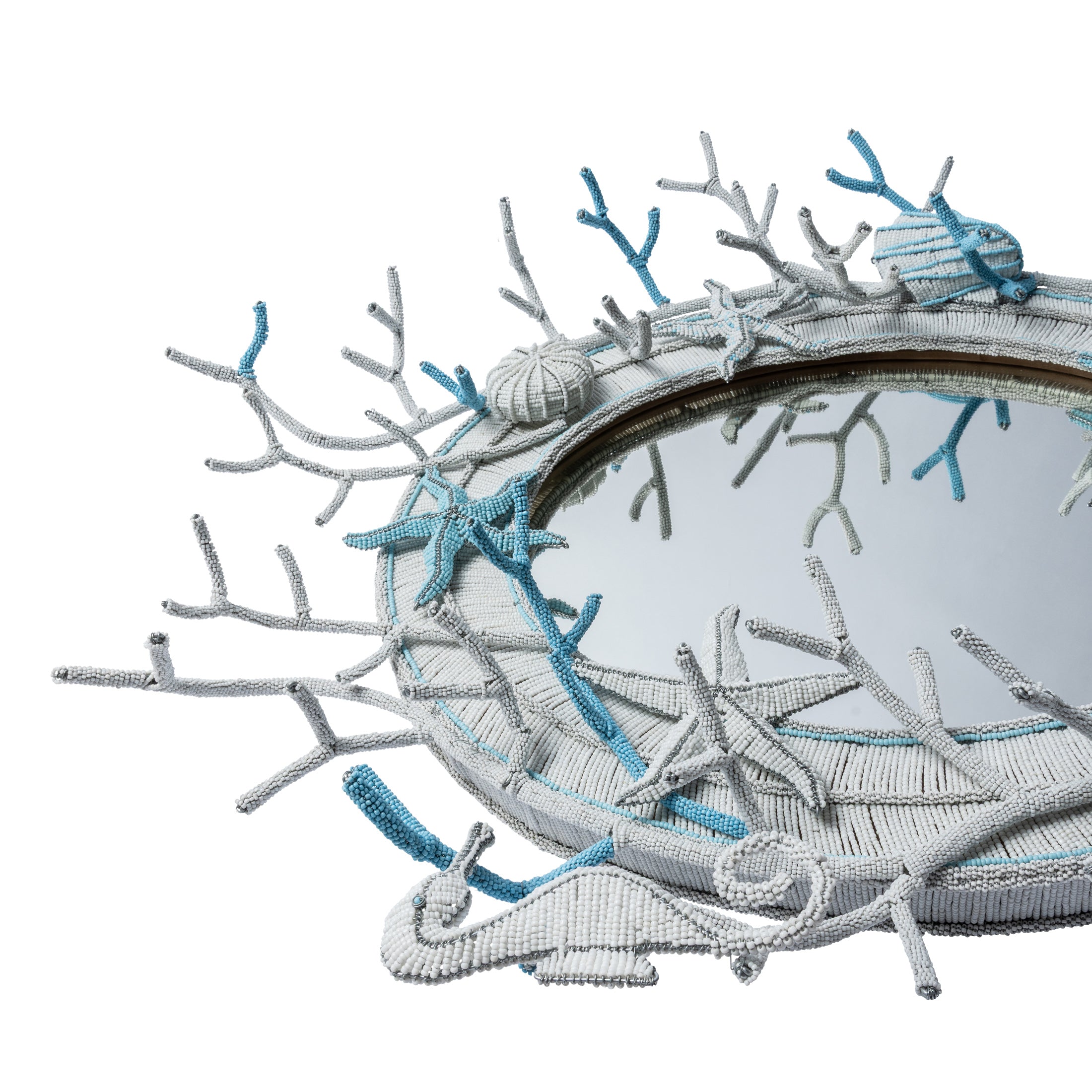 Sea Me Beaded Mirror - White / Sky Blue