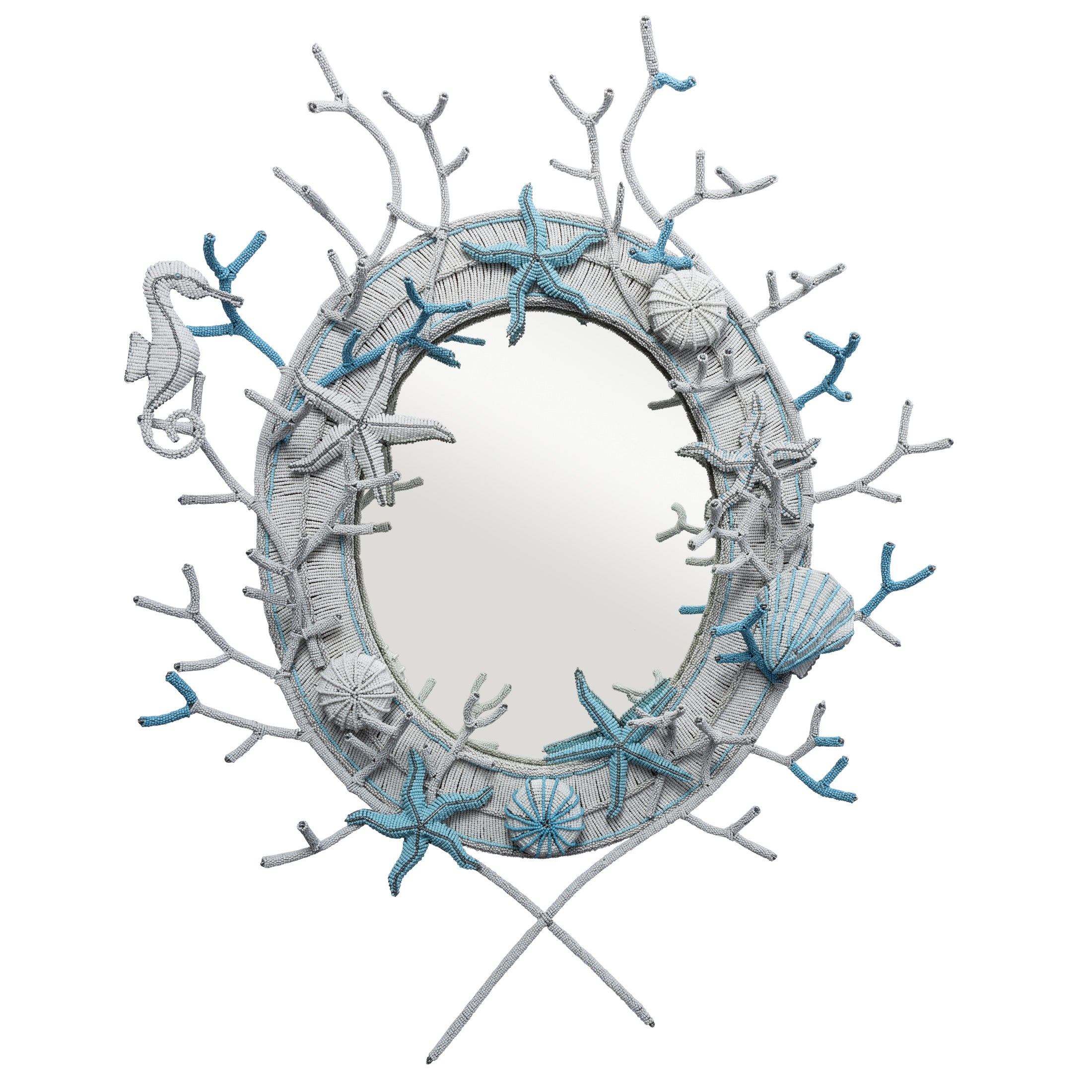 Sea Me Beaded Mirror - White / Sky Blue