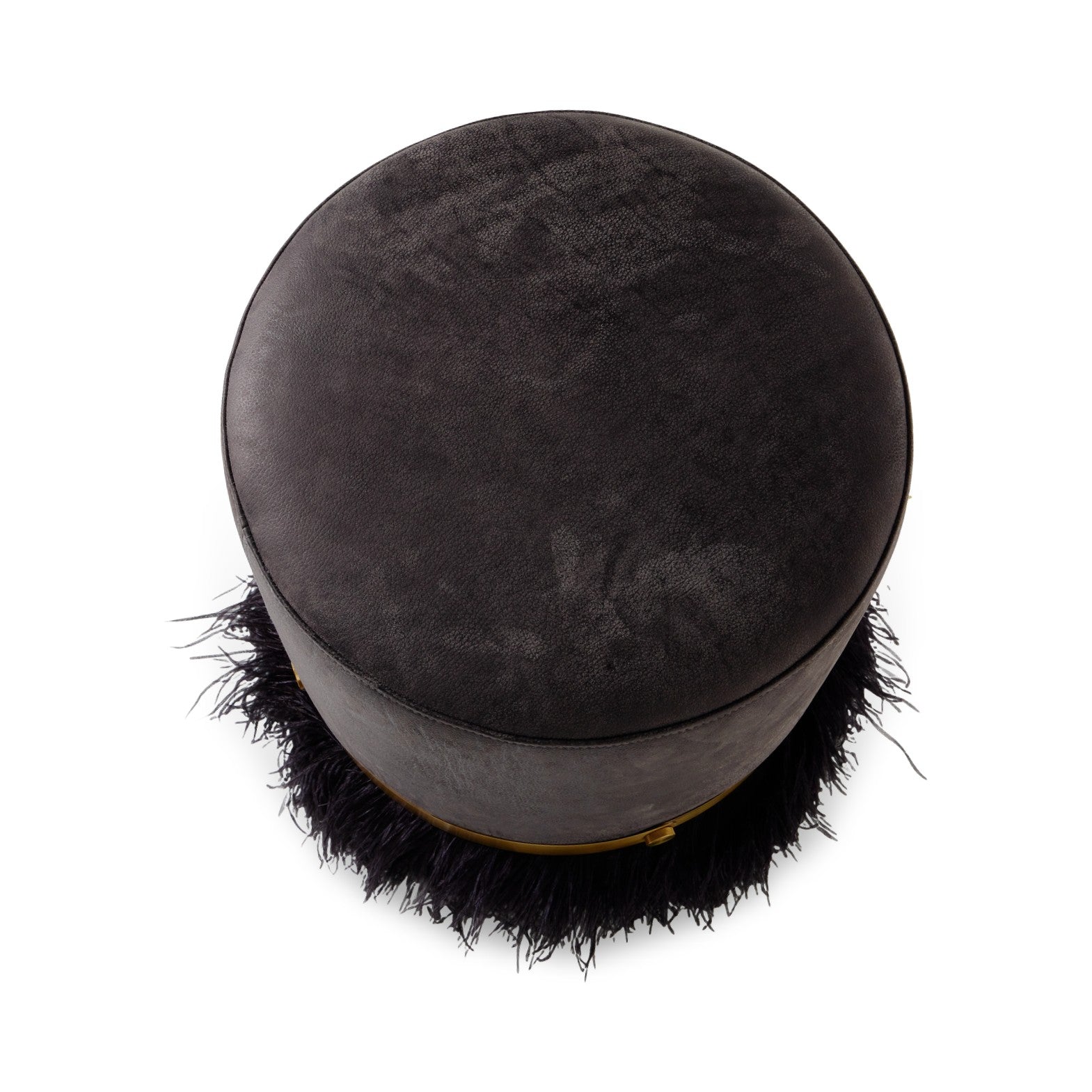 Ostrich Fluff Pouf Ottoman - Charcoal Leather / Black Feather