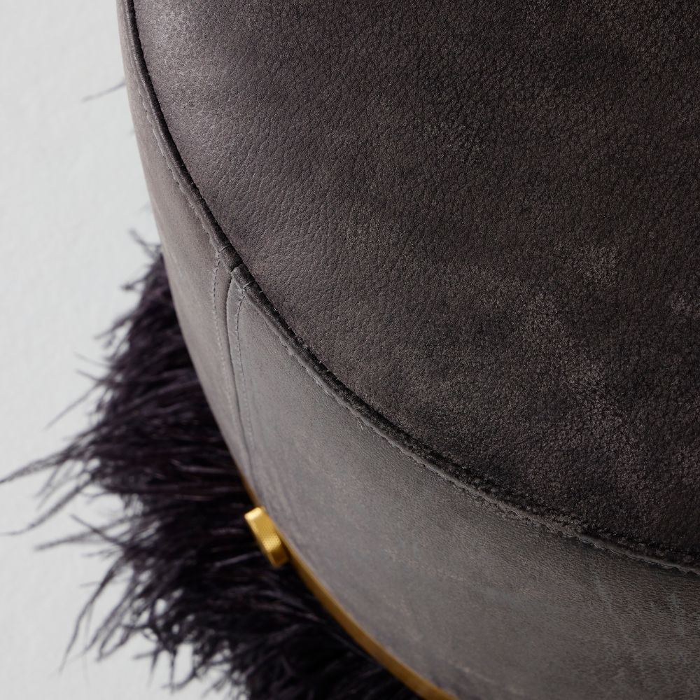 Ostrich Fluff Pouf Ottoman - Charcoal Leather / Black Feather