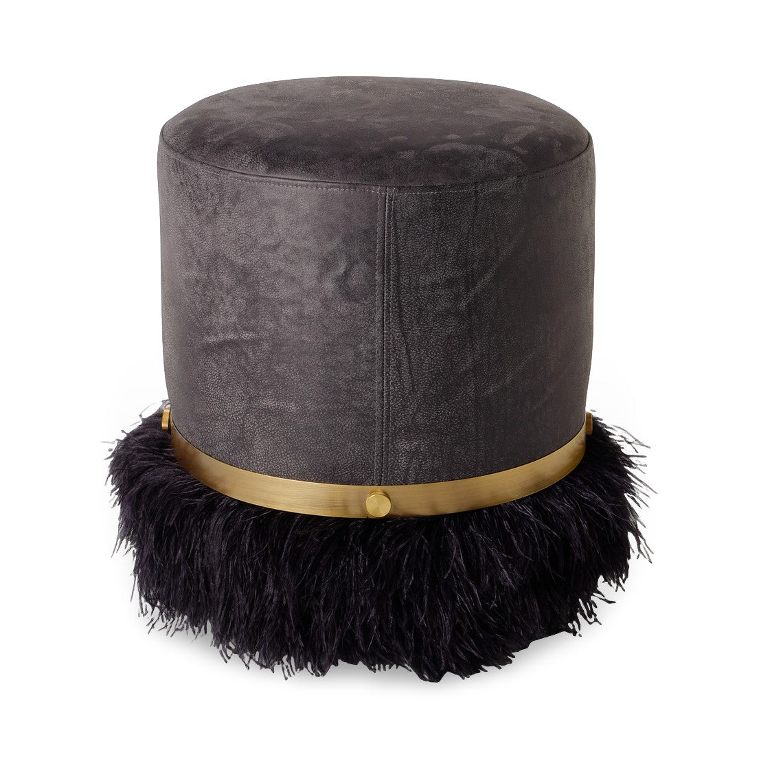 Ostrich Fluff Pouf Ottoman - Charcoal Leather / Black Feather