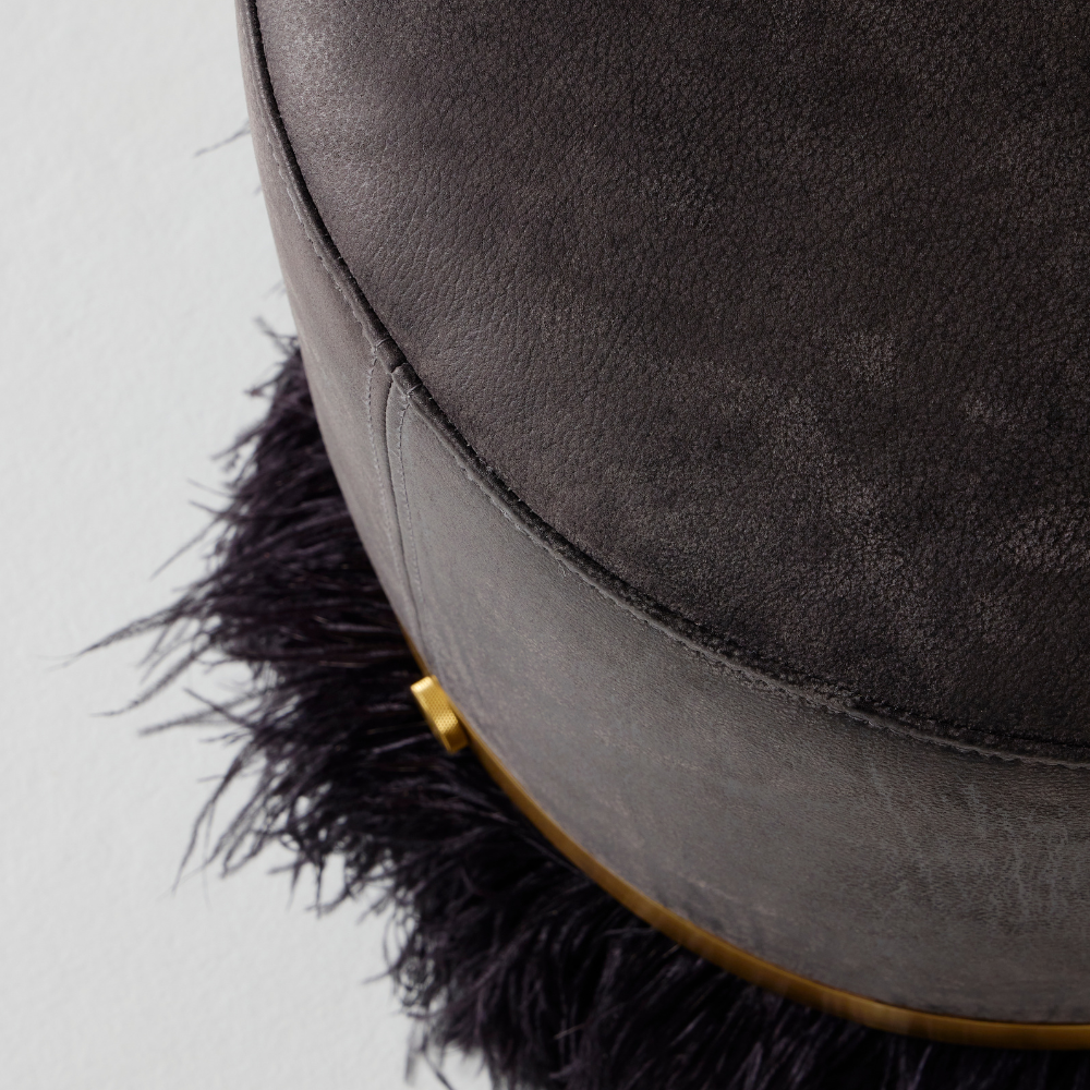 Ostrich Fluff Pouf Ottoman - Charcoal Leather / Black Feather