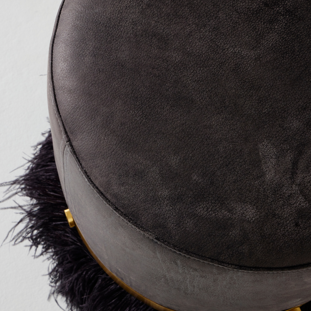 Ostrich Fluff Pouf Ottoman - Charcoal Leather / Black Feather