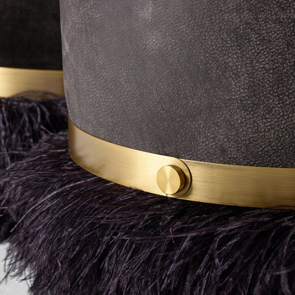 Ostrich Fluff Pouf Ottoman - Charcoal Leather / Black Feather