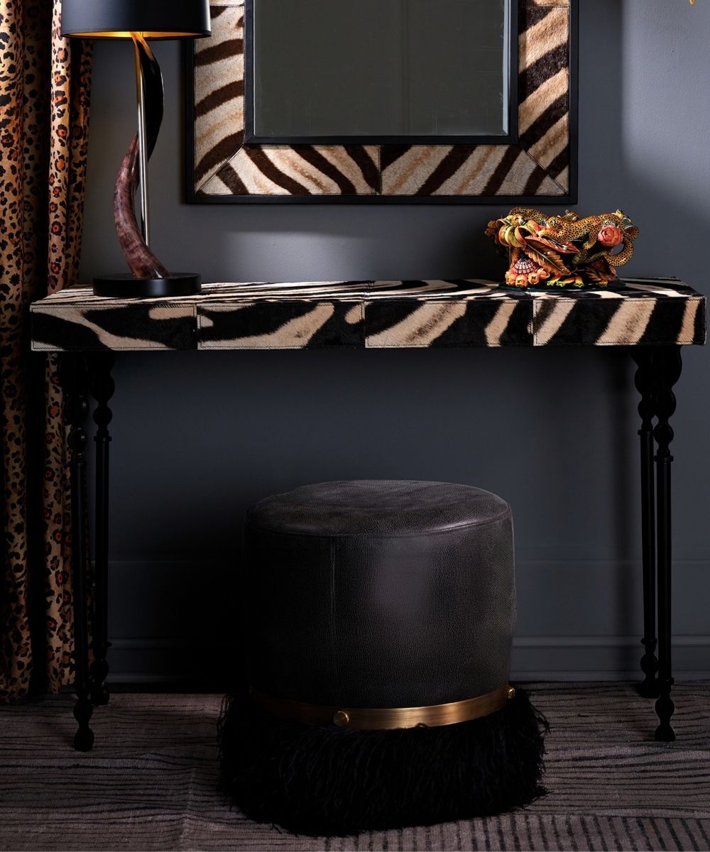 Ostrich Fluff Pouf Ottoman - Charcoal Leather / Black Feather