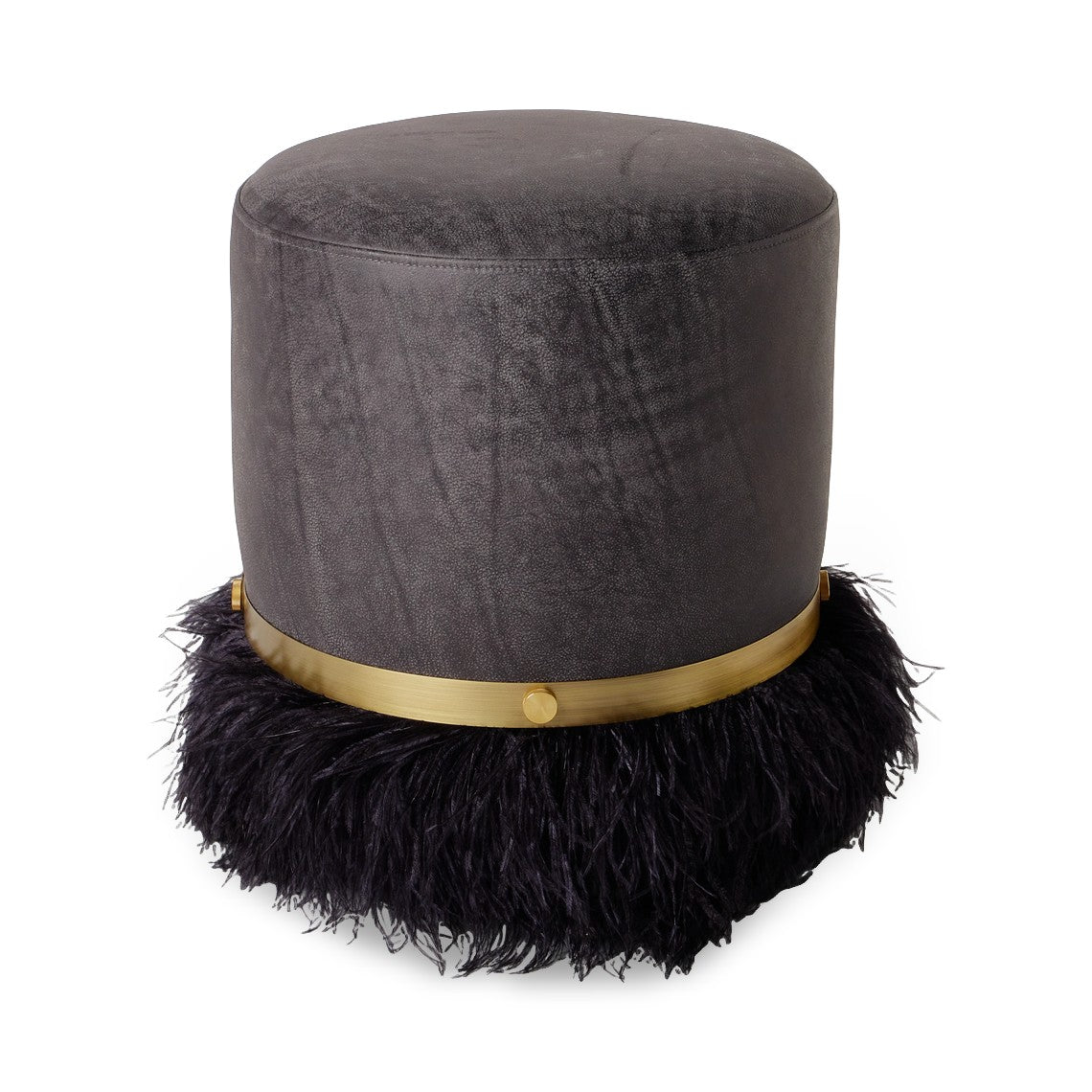 Ostrich Fluff Pouf Ottoman - Charcoal Leather / Black Feather