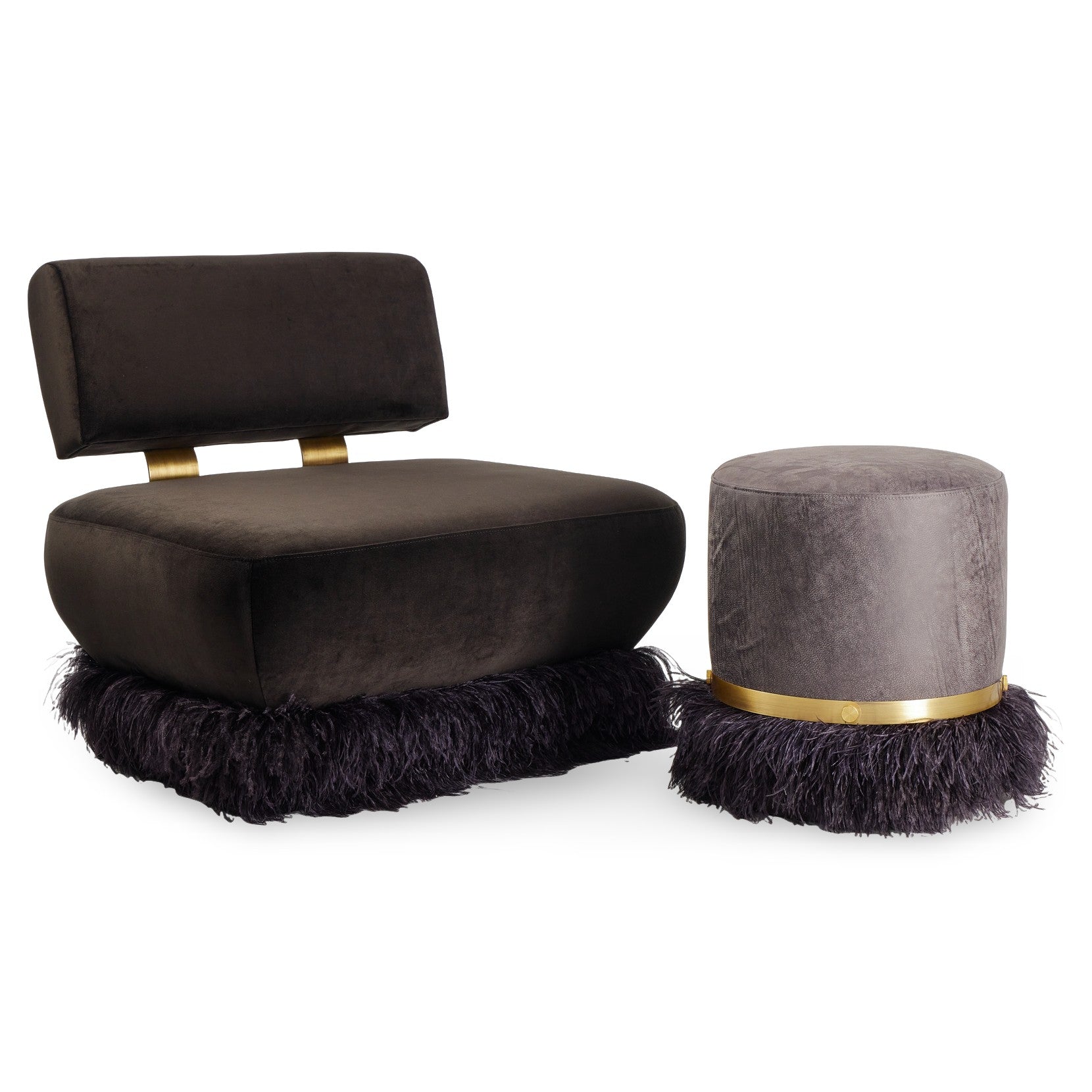 Ostrich Fluff Pouf Ottoman - Charcoal Leather / Black Feather