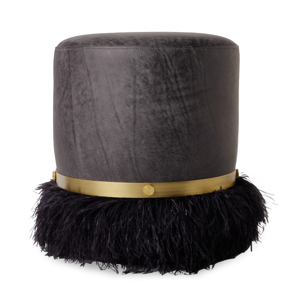 Ostrich Fluff Pouf Ottoman - Charcoal Leather / Black Feather