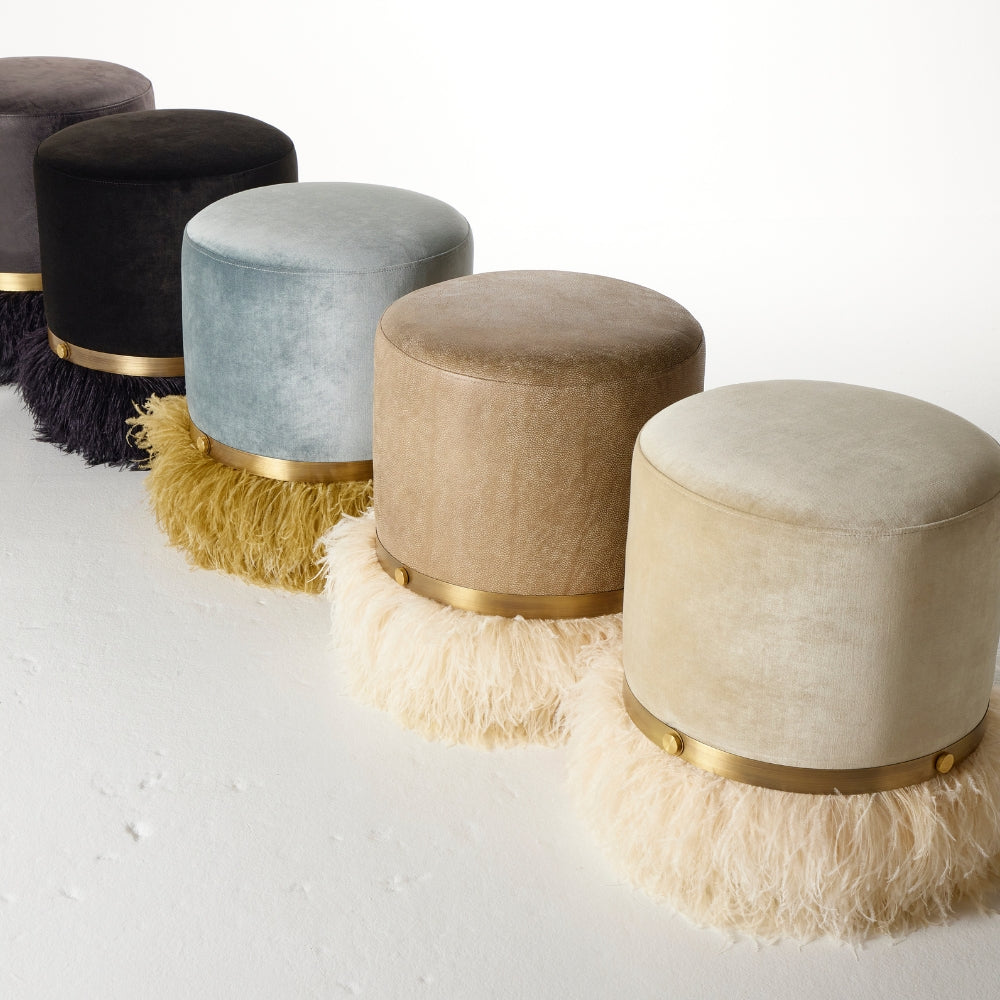 Ostrich Fluff Pouf Ottoman - Taupe Leather / Cream Feather