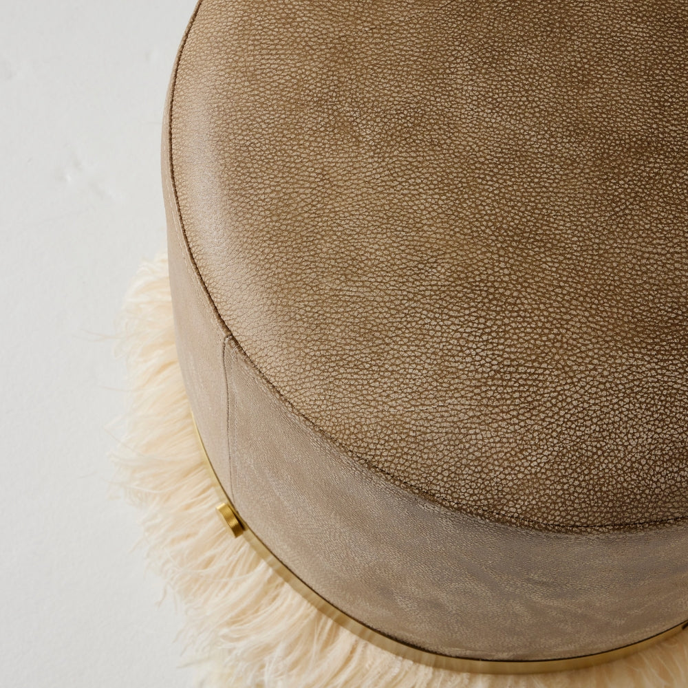 Ostrich Fluff Pouf Ottoman - Taupe Leather / Cream Feather