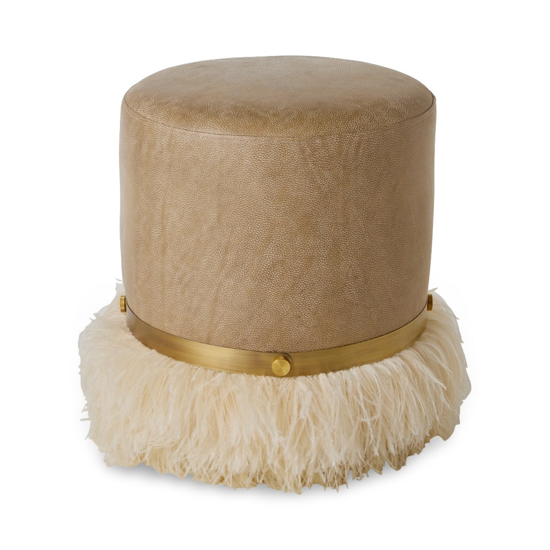 Ostrich Fluff Pouf Ottoman - Taupe Leather / Cream Feather