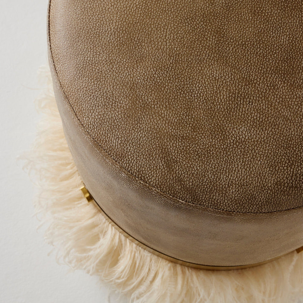 Ostrich Fluff Pouf Ottoman - Taupe Leather / Cream Feather