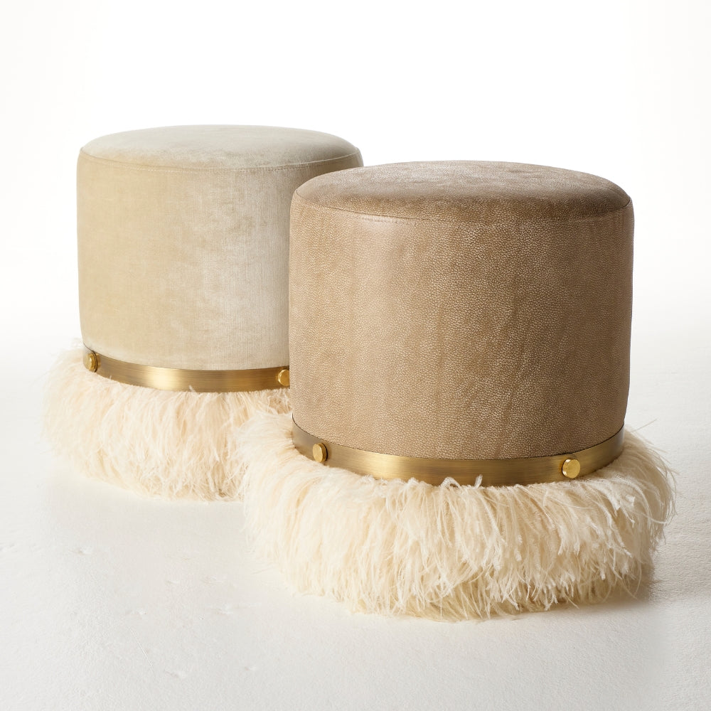 Ostrich Fluff Pouf Ottoman - Taupe Leather / Cream Feather