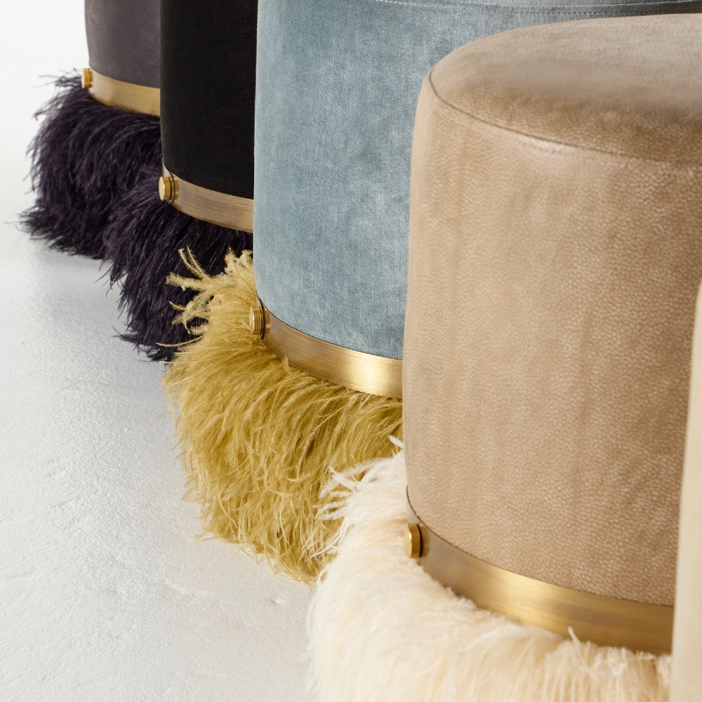 Ostrich Fluff Pouf Ottoman - Taupe Leather / Cream Feather