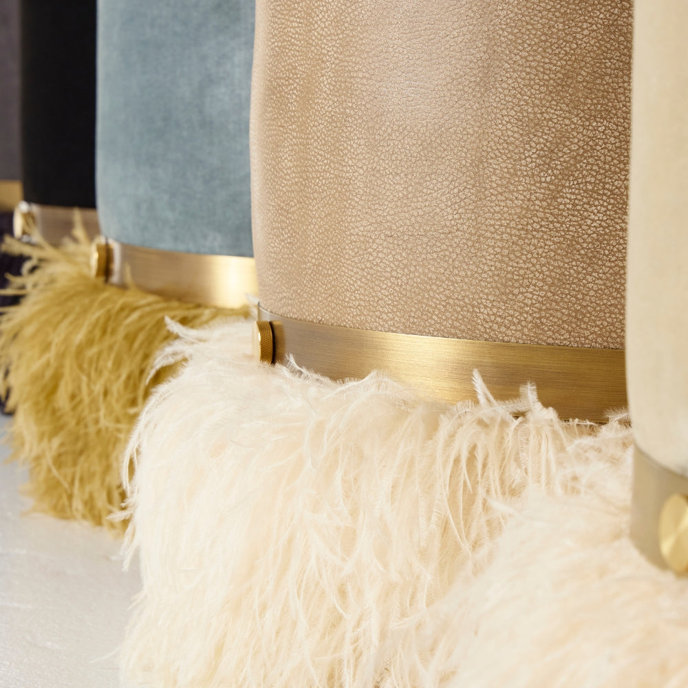 Ostrich Fluff Pouf Ottoman - Taupe Leather / Cream Feather