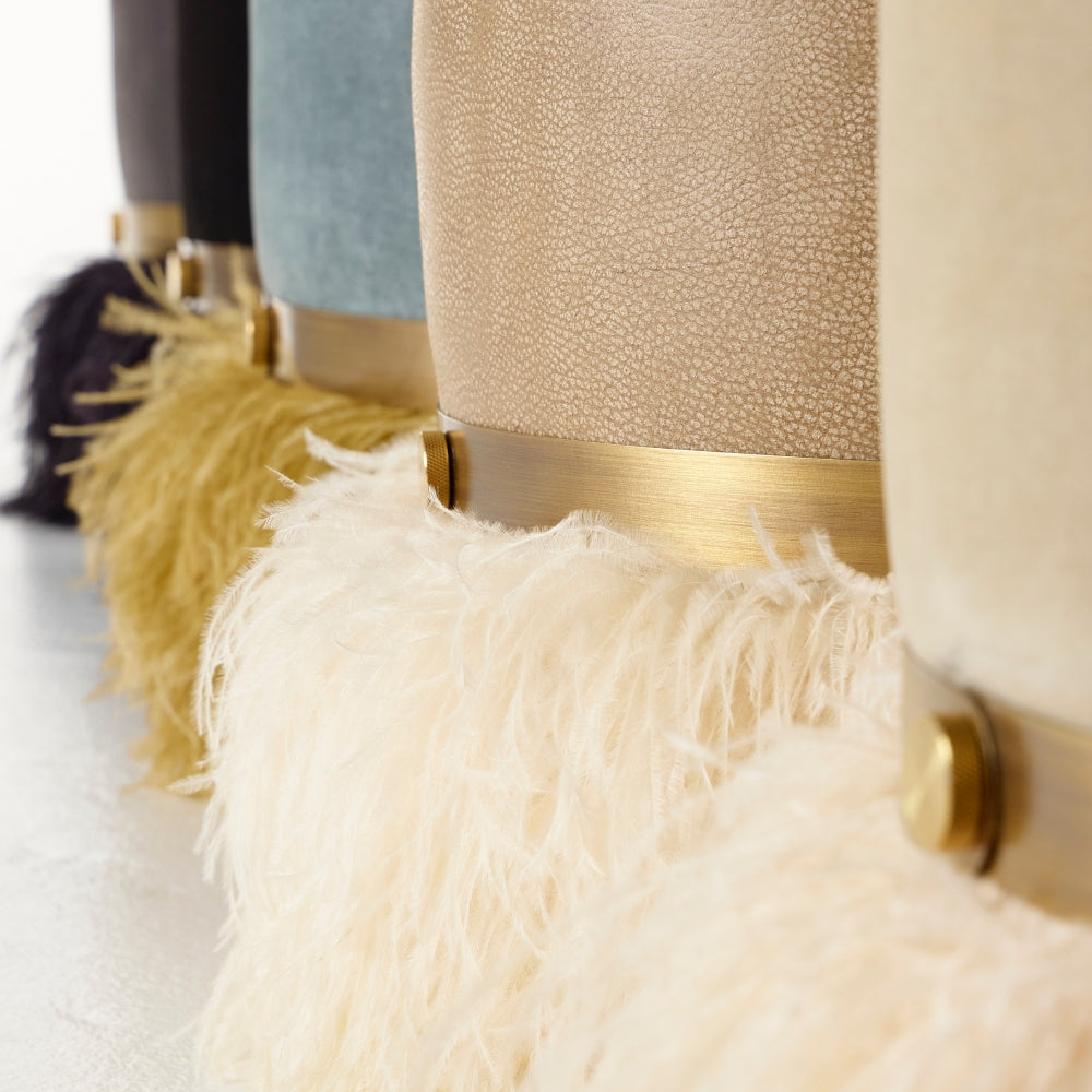 Ostrich Fluff Pouf Ottoman - Taupe Leather / Cream Feather