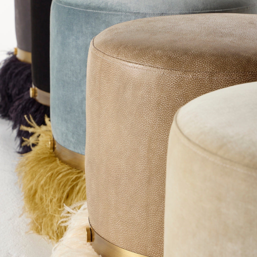 Ostrich Fluff Pouf Ottoman - Taupe Leather / Cream Feather