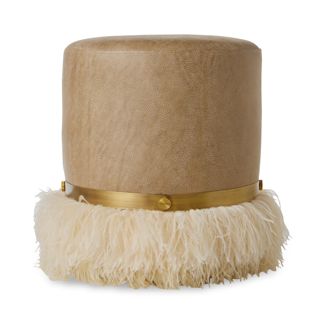 Ostrich Fluff Pouf Ottoman - Taupe Leather / Cream Feather