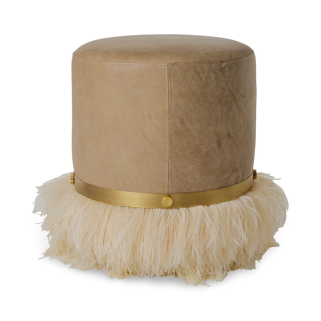 Ostrich Fluff Pouf Ottoman - Taupe Leather / Cream Feather