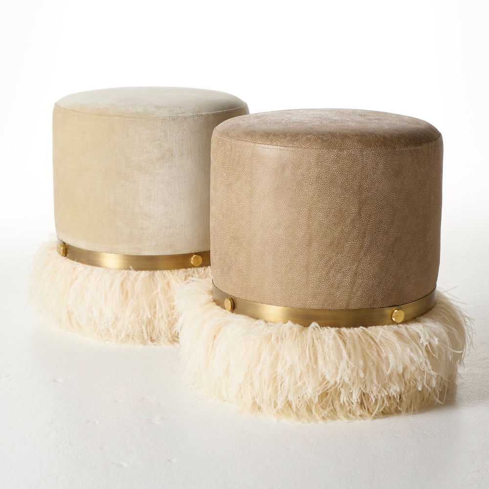 Ostrich Fluff Pouf Ottoman - Taupe Leather / Cream Feather