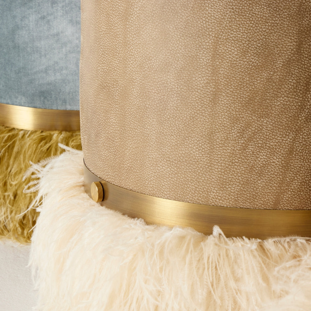 Ostrich Fluff Pouf Ottoman - Taupe Leather / Cream Feather