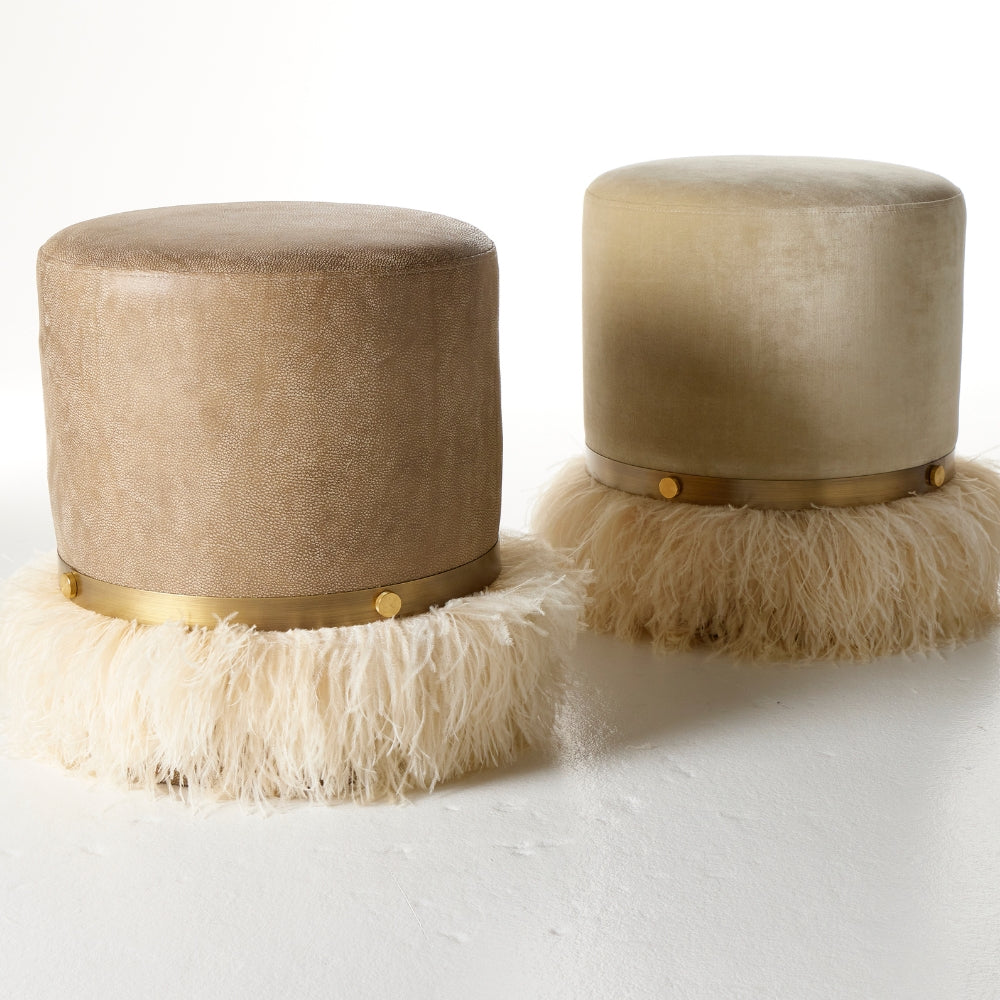 Ostrich Fluff Pouf Ottoman - Taupe Leather / Cream Feather