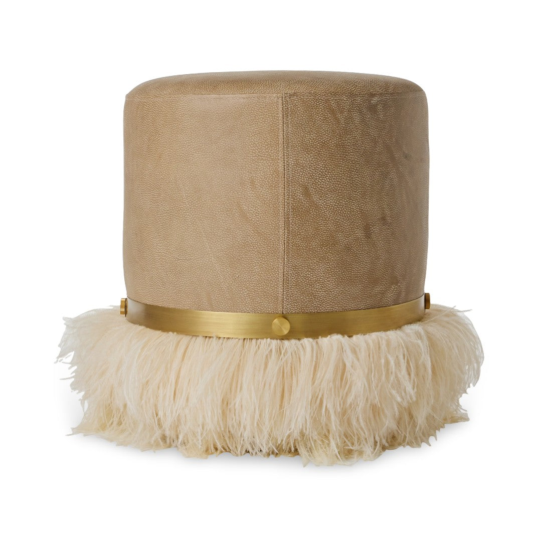 Ostrich Fluff Pouf Ottoman - Taupe Leather / Cream Feather
