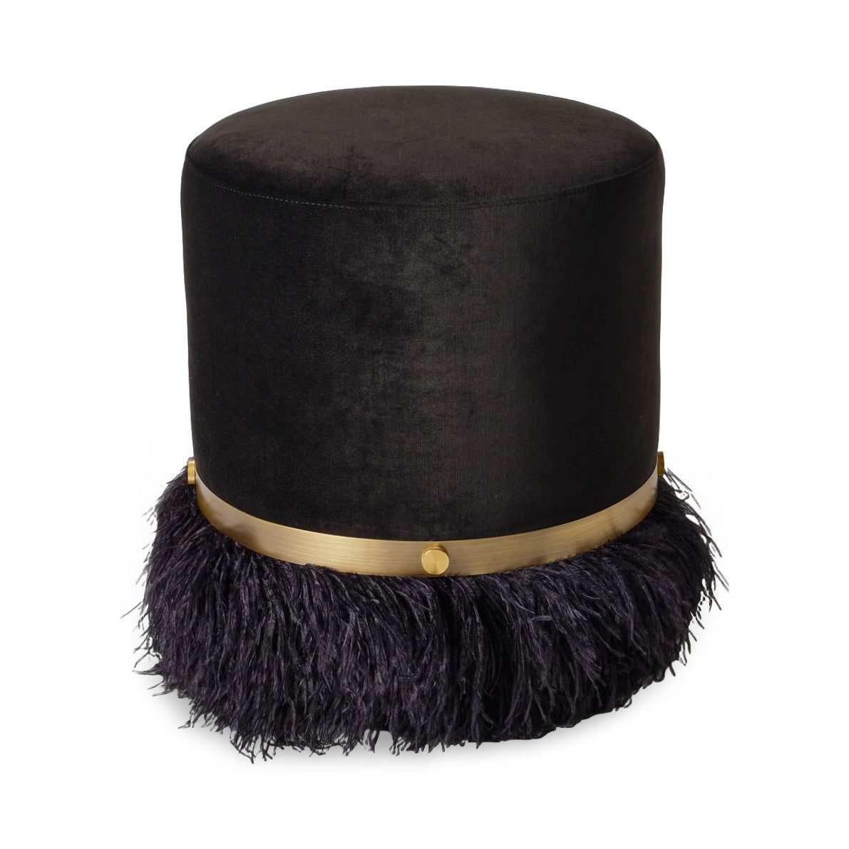 Ostrich Fluff Pouf Ottoman - Black Velvet / Black Feather