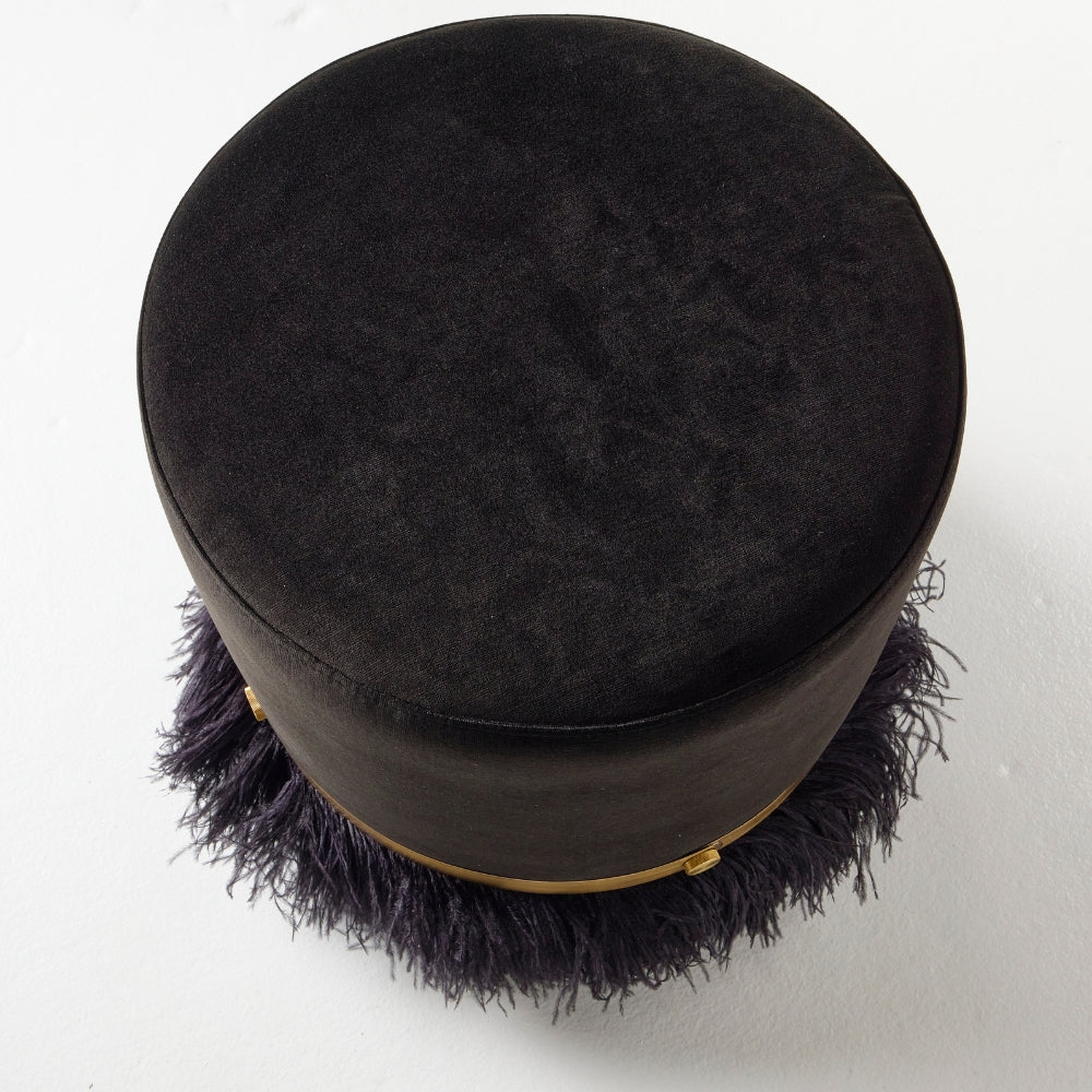 Ostrich Fluff Pouf Ottoman - Black Velvet / Black Feather