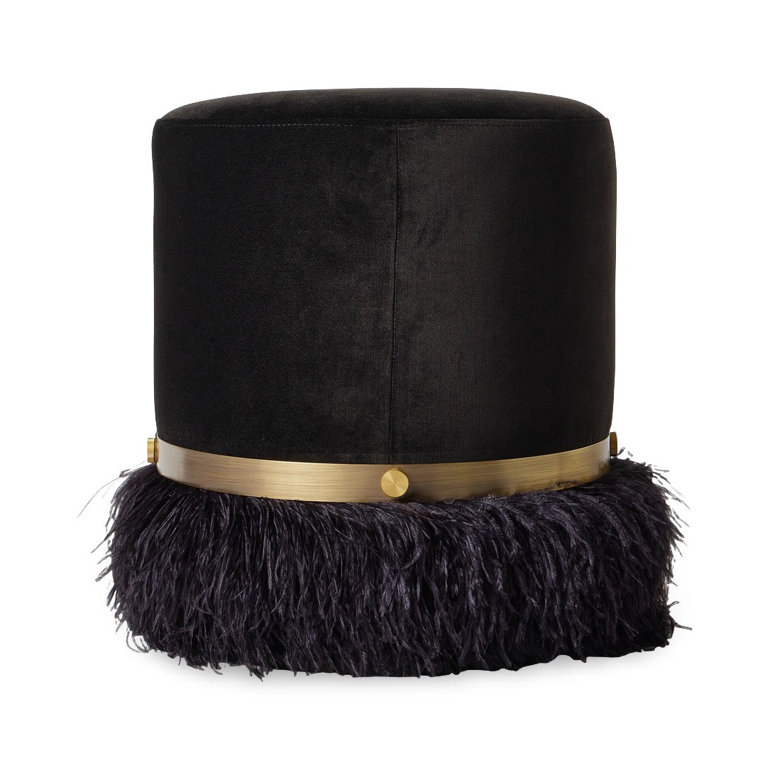 Ostrich Fluff Pouf Ottoman - Black Velvet / Black Feather