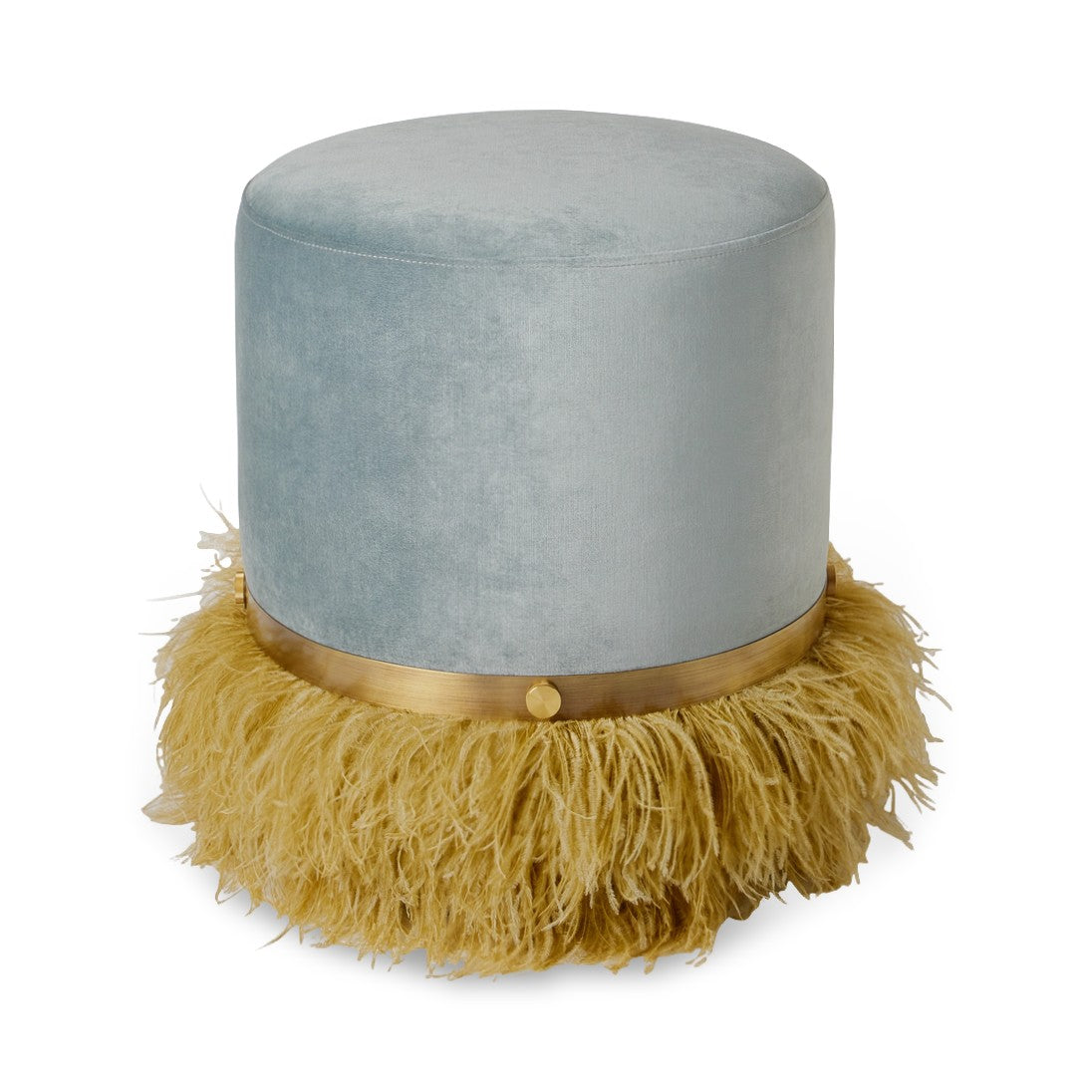 Ostrich Fluff Pouf Ottoman - Silver Velvet / Gold Feather