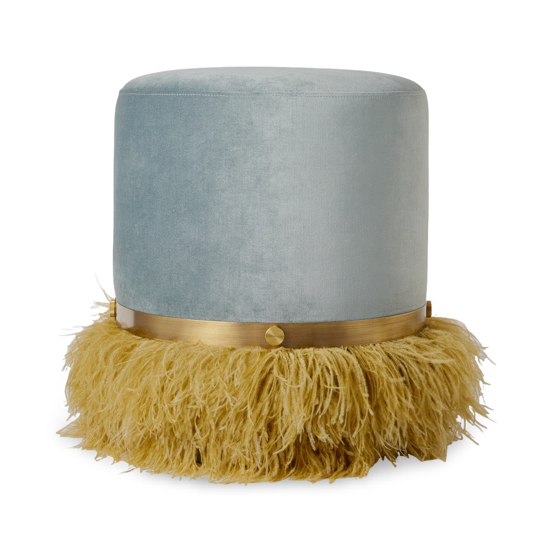 Ostrich Fluff Pouf Ottoman - Silver Velvet / Gold Feather