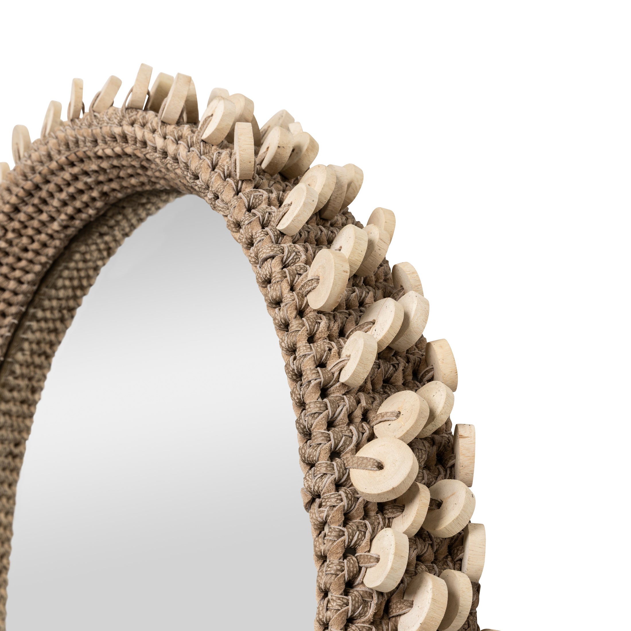 Chobe Crocheted Leather Mirror w/ Wood Discs