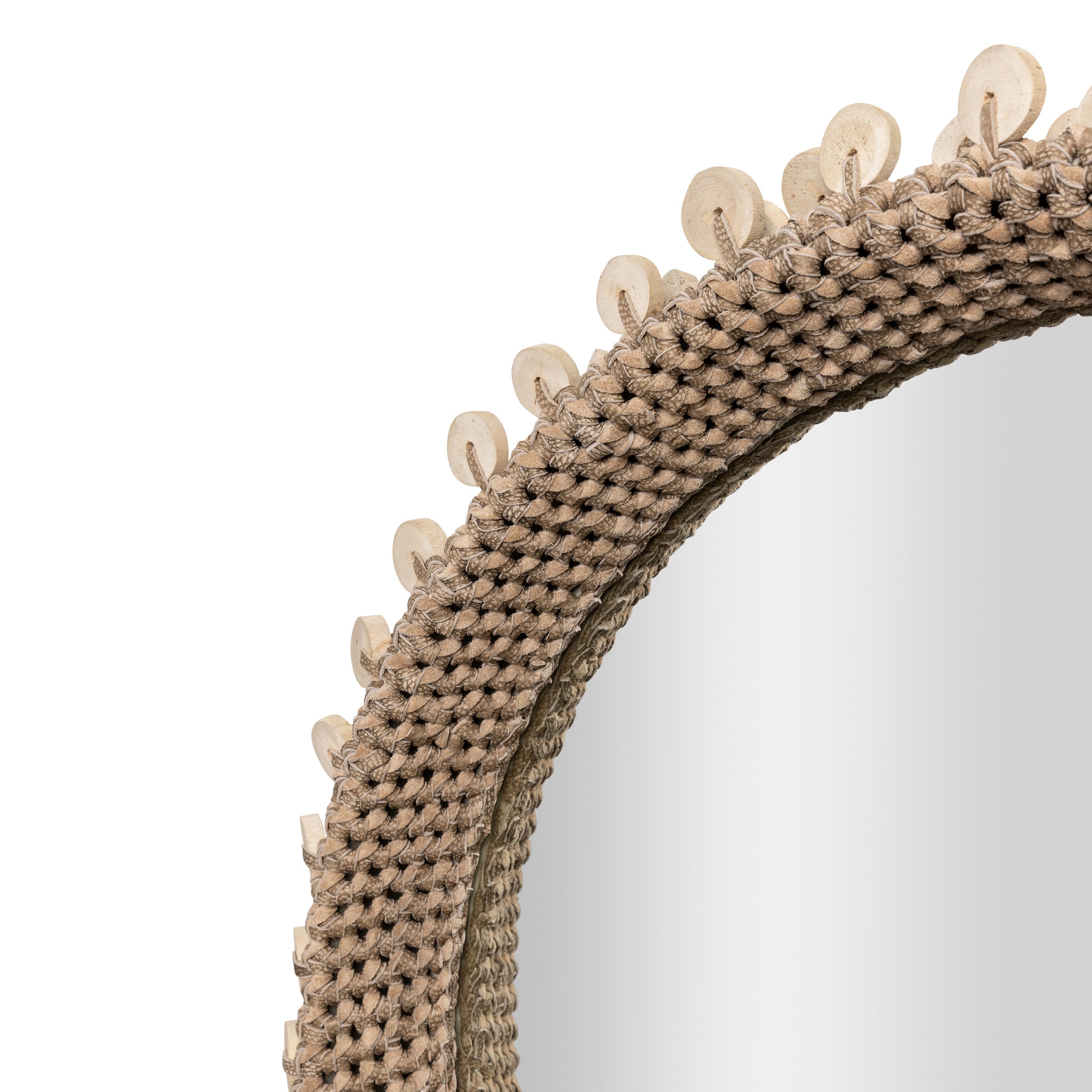 Chobe Crocheted Leather Mirror w/ Wood Discs
