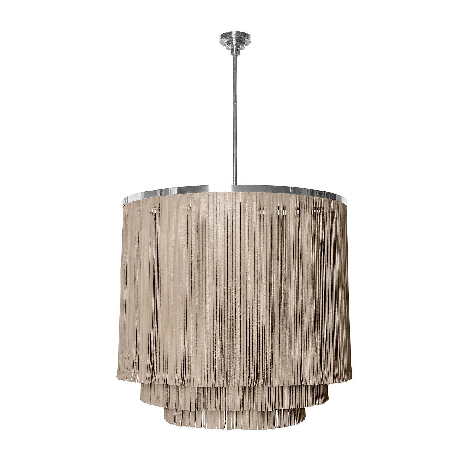 Large NeKeia Leather Chandelier in Nickel Finish and Cream-Stone Leather