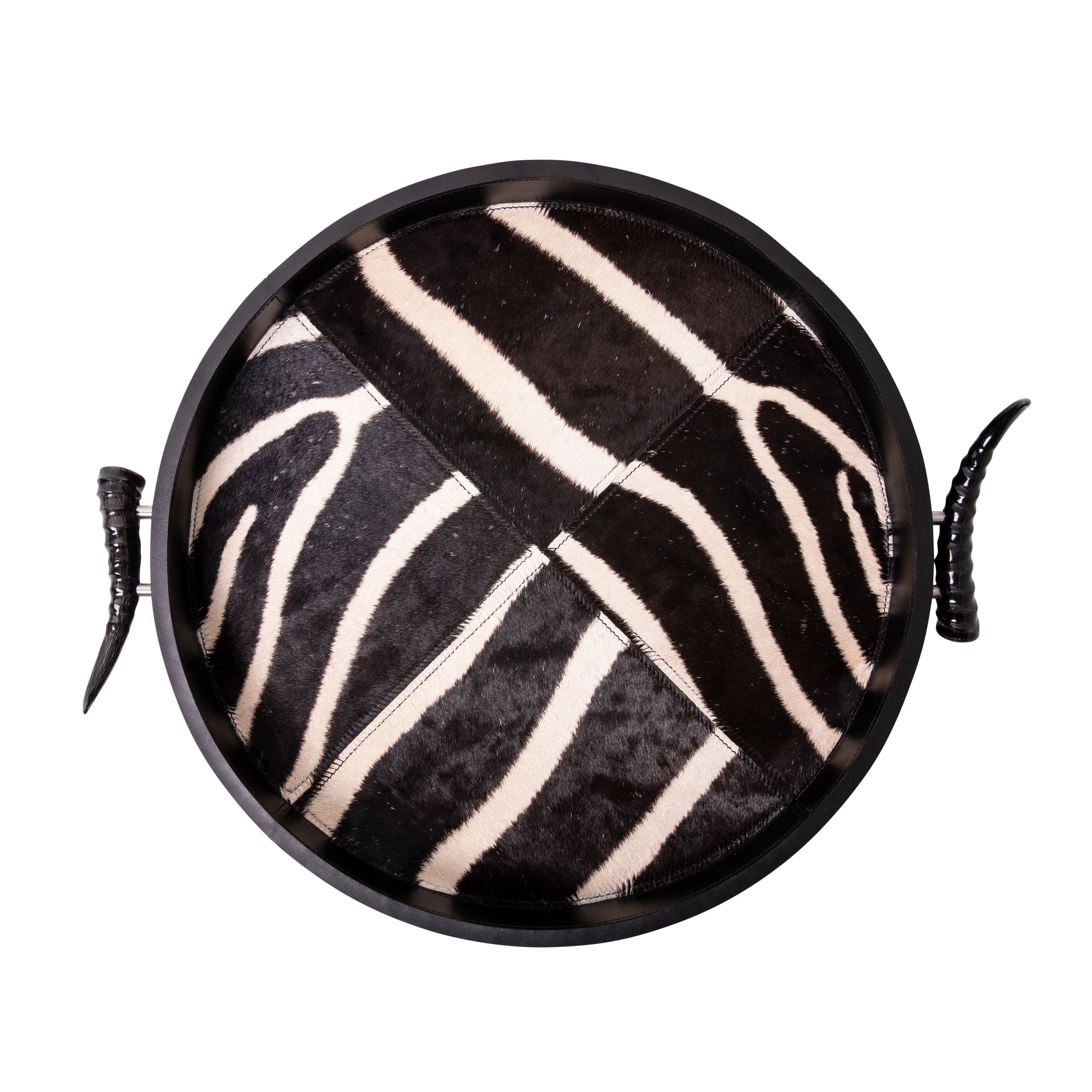 Leather Round Tray w/ Zebra Inlay / Springbok Horn Handles