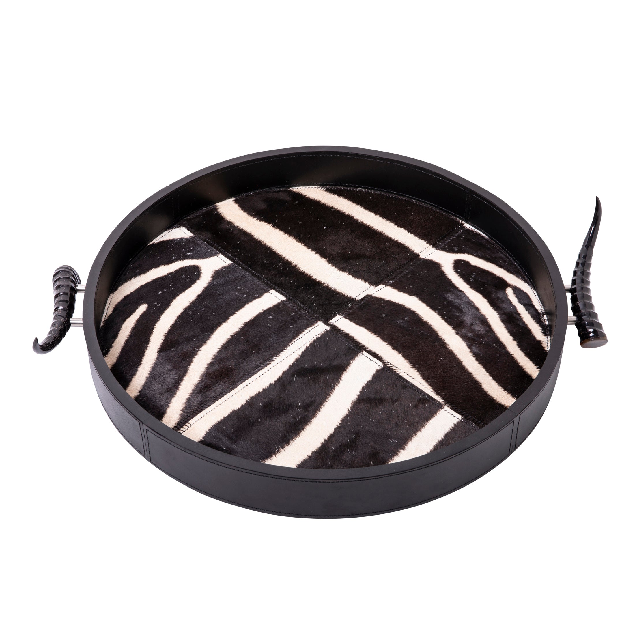 Leather Round Tray w/ Zebra Inlay / Springbok Horn Handles