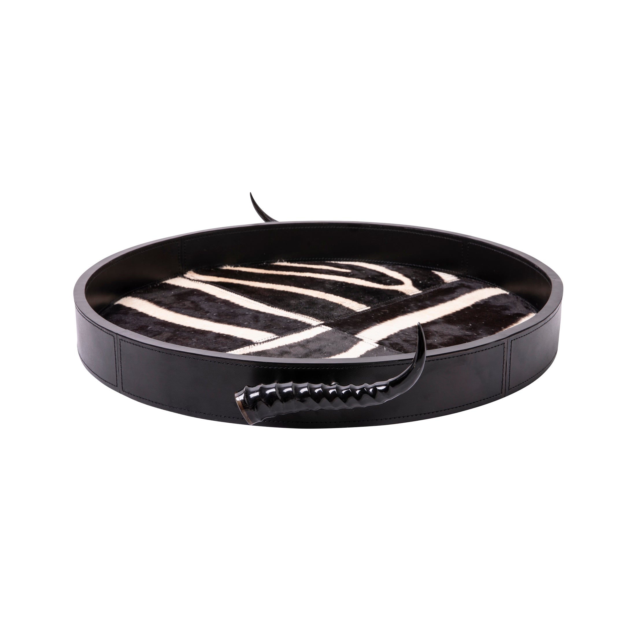 Leather Round Tray w/ Zebra Inlay / Springbok Horn Handles