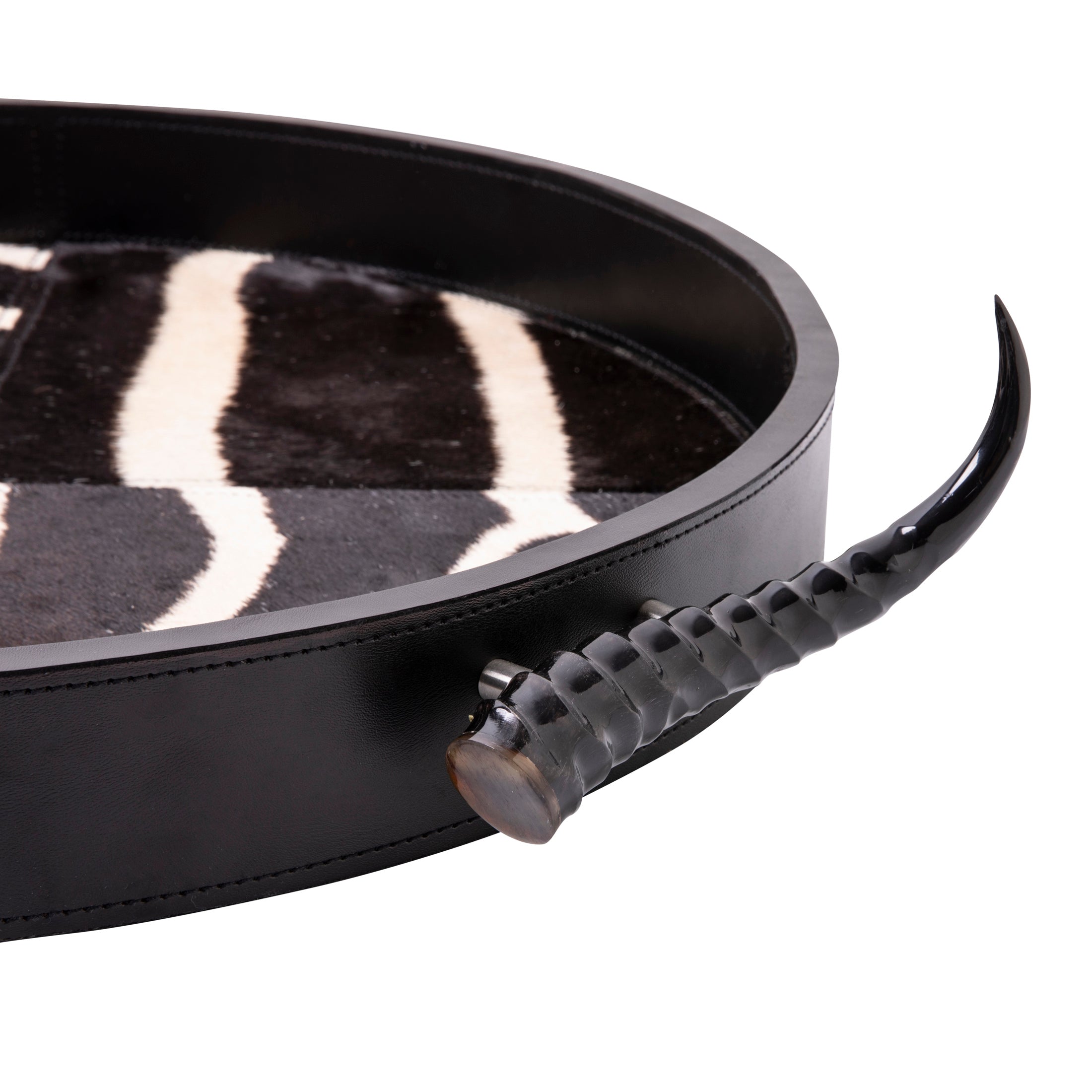 Leather Round Tray w/ Zebra Inlay / Springbok Horn Handles