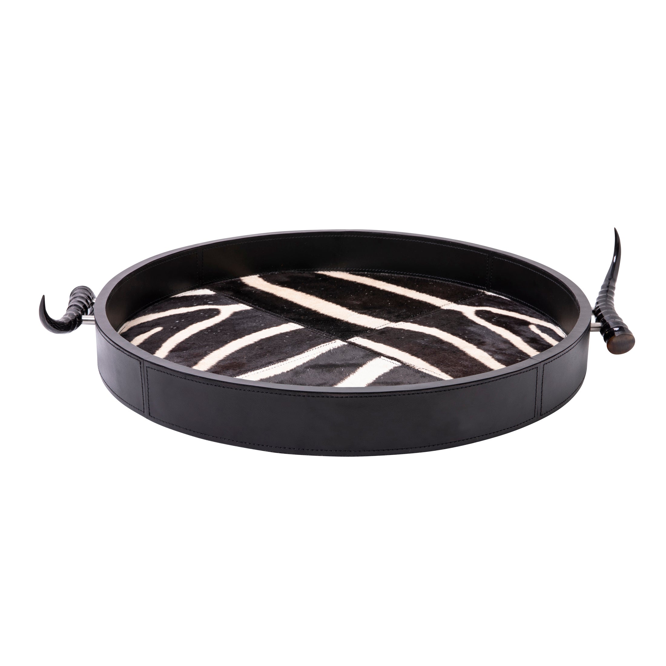 Leather Round Tray w/ Zebra Inlay / Springbok Horn Handles