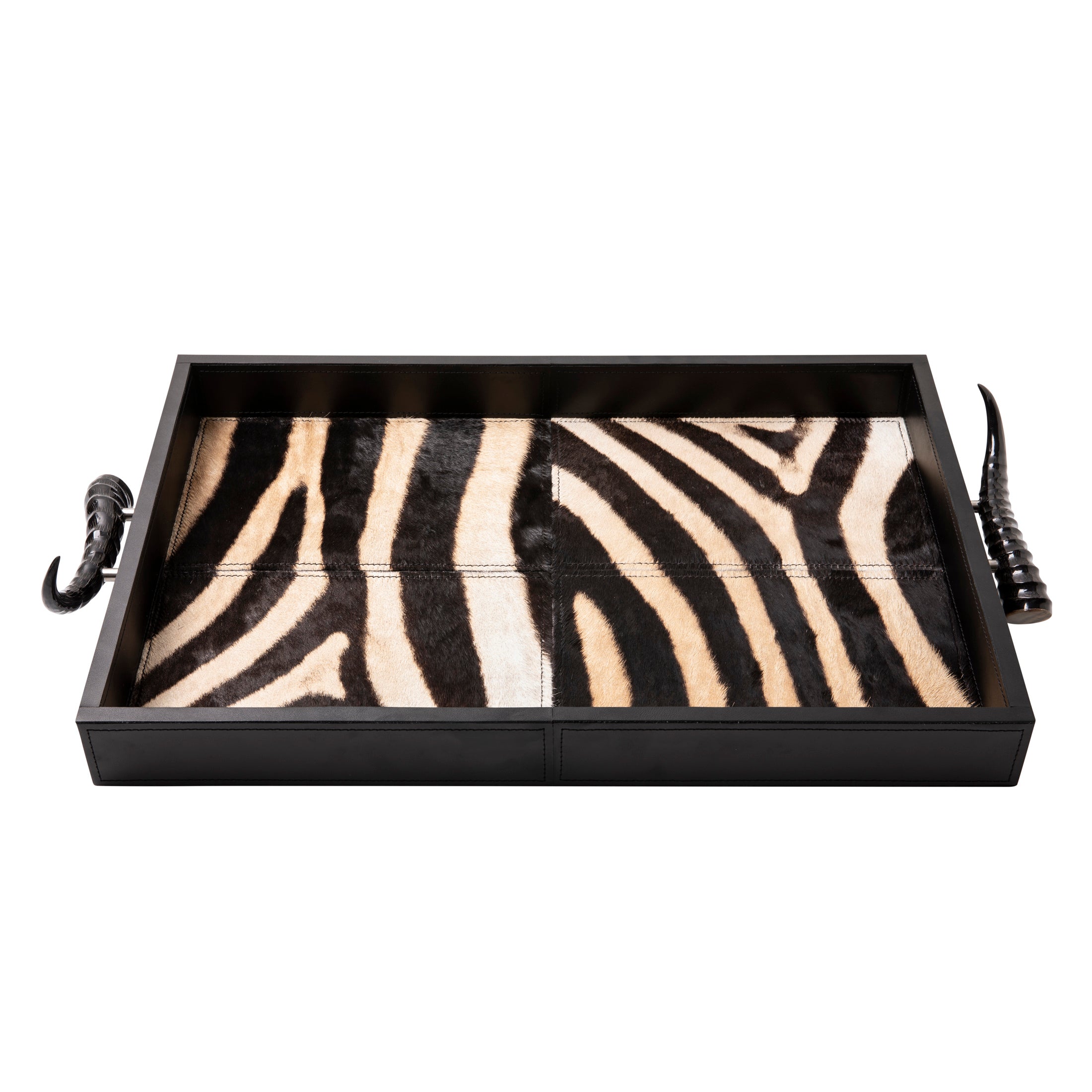 Leather Rectangle Tray w/ Zebra Inlay & Springbok Horn Handles