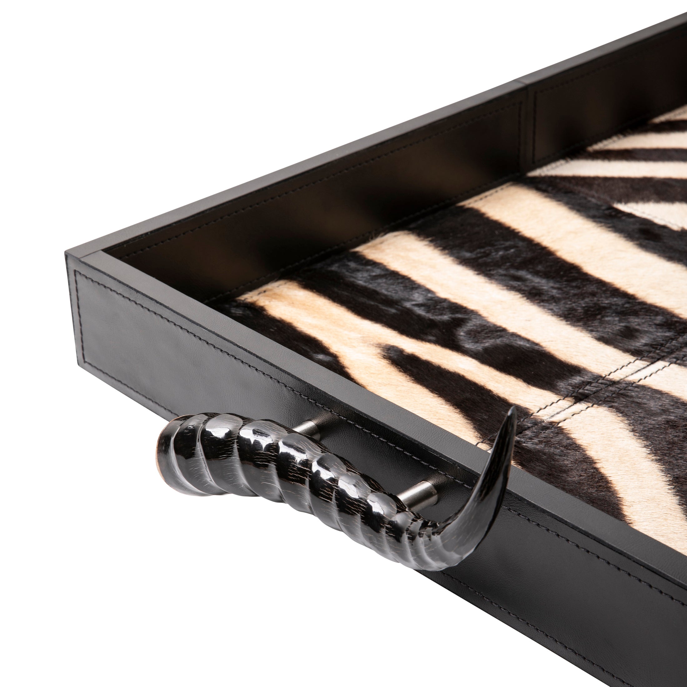 Leather Rectangle Tray w/ Zebra Inlay & Springbok Horn Handles