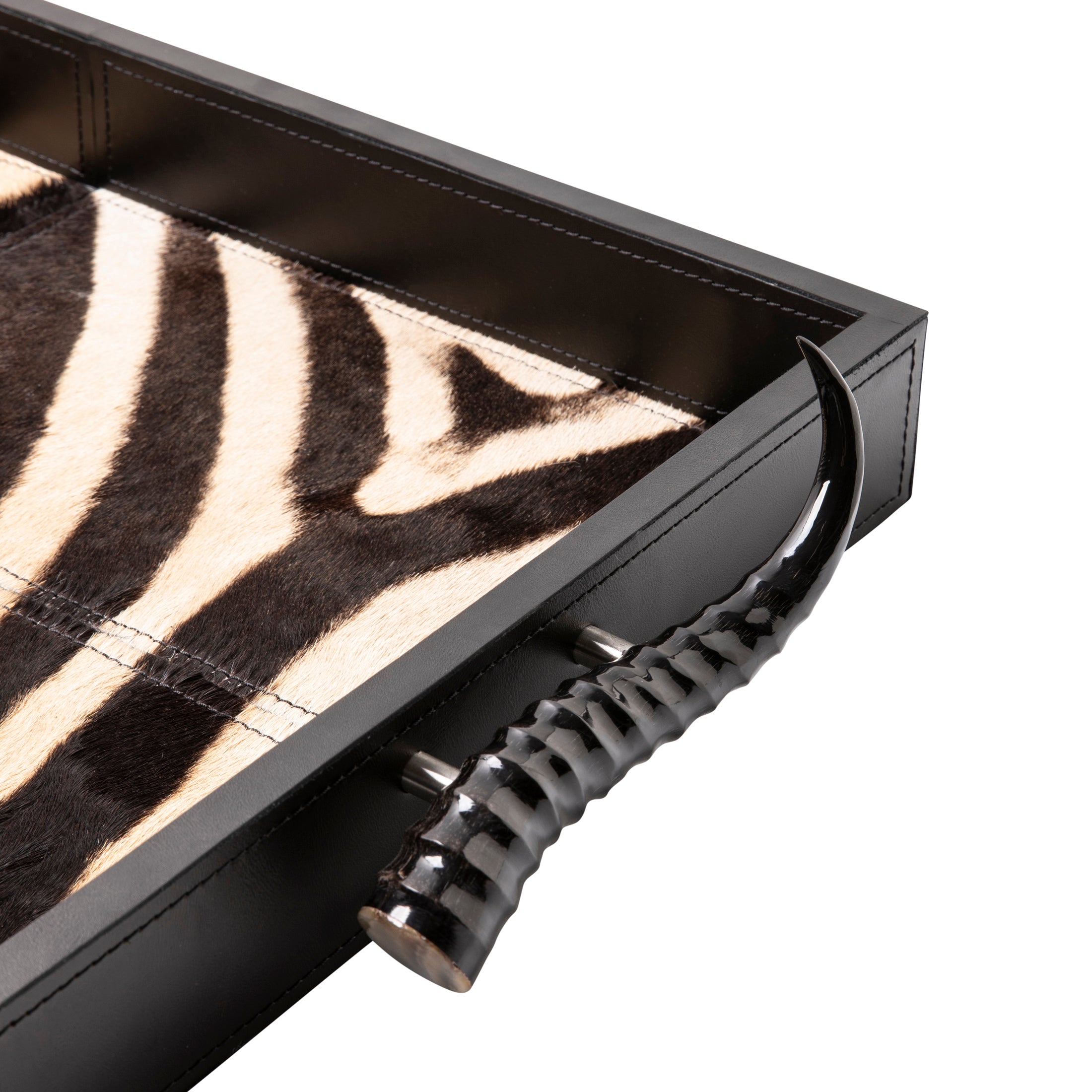 Leather Rectangle Tray w/ Zebra Inlay & Springbok Horn Handles